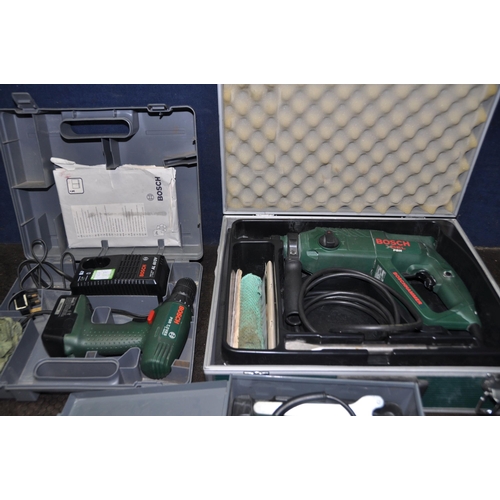 1075 - THREE CASED BOSCH POWER TOOLS comprising of an Xcel PBH SDS hammer drill, a PSR 7,2VES cordless dril... 