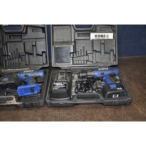 1077 - TWO CASED KOBE ABH 14,4 VET-2 CORDLESS DRILLS with two chargers and three batteries (both PAT pass a... 