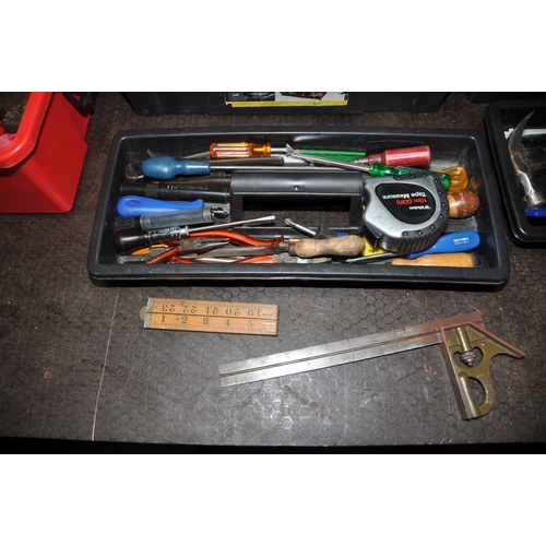 1081 - A PLASTIC TRAY AND TWO PLASTIC TOOLBOXES CONTAINING TOOLS including multimeters, wire stripper, spir... 