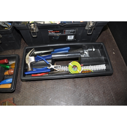 1081 - A PLASTIC TRAY AND TWO PLASTIC TOOLBOXES CONTAINING TOOLS including multimeters, wire stripper, spir... 