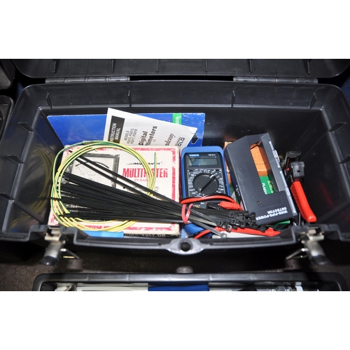 1081 - A PLASTIC TRAY AND TWO PLASTIC TOOLBOXES CONTAINING TOOLS including multimeters, wire stripper, spir... 