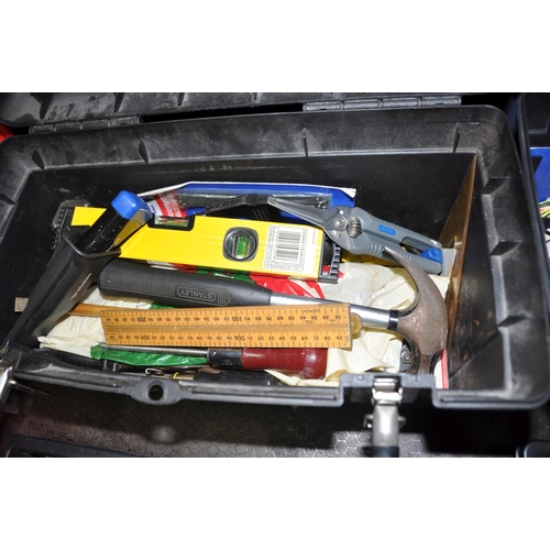 1081 - A PLASTIC TRAY AND TWO PLASTIC TOOLBOXES CONTAINING TOOLS including multimeters, wire stripper, spir... 