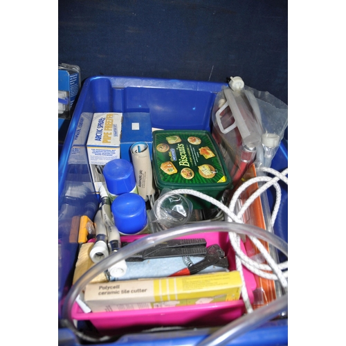 1082 - THREE PLASTIC TRAYS CONTAINING PLUMBING AND ELECTRICAL EQUIPMENT including Arctic Spray, fittings, p... 