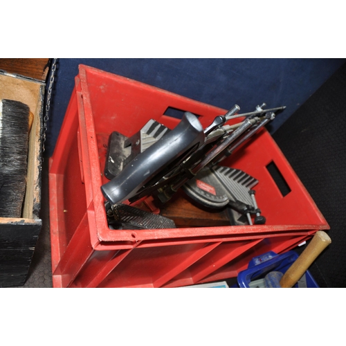 1094 - FOUR PLASTIC BOXES CONTAINING TOOLS including paint and pasting brushes, two mitre saws, a mitre blo... 