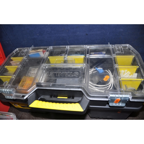 1098 - TWO PLASTIC TOOLBOXES AND A BOX CONTAINING TOOLS and a B&Q laser level including a Record Solo 15 pi... 