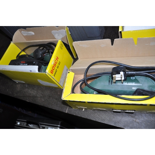 1102 - A PLASTIC BOX CONTAINING BOSCH POWER TOOLS comprising of a PST-700PAE jigsaw, a PDA 120E detail sand... 