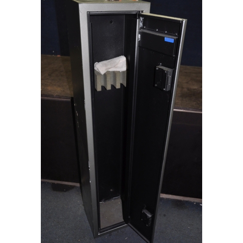 1103 - A GREY METAL GUN CABINET with two keys width 27cm x depth 25cm x height 131cm