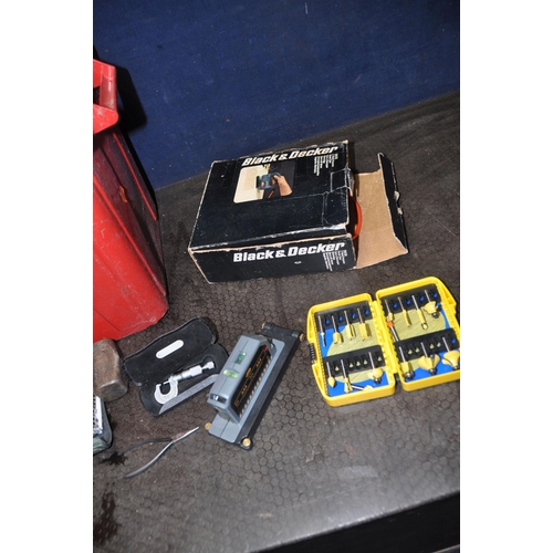 1118 - A PLASTIC BOX CONTAINING TOOLS AND HARDWARE including a vintage Black and Decker jigsaw (untested), ... 