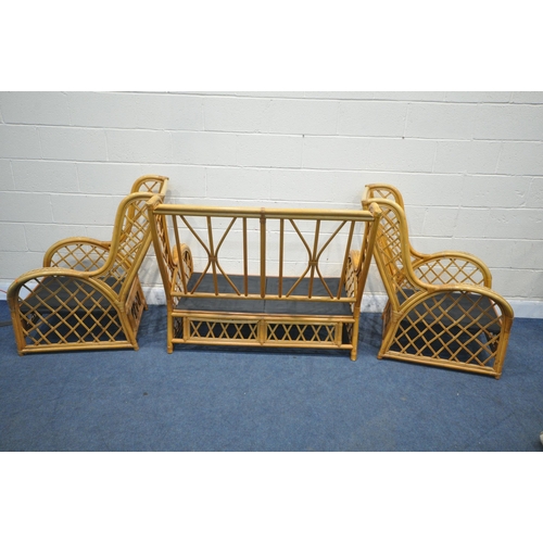 1207 - A WICKER FRAMED THREE PIECE CONSERVATORY SUITE, comprising a two seater sofa and two chairs, width 1... 