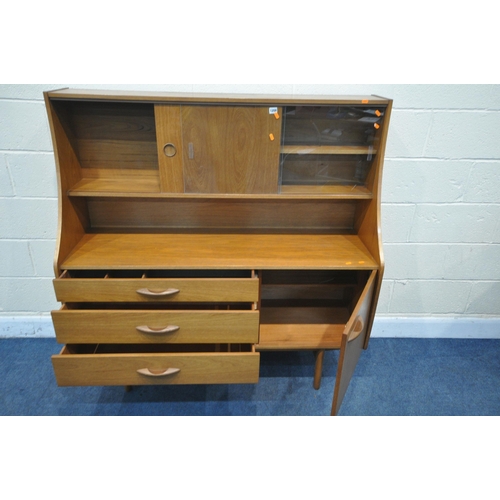 1208 - A MID CENTURY AVALON TEAK HIGHBOARD, with glazed sliding door display section and single teak slidin... 