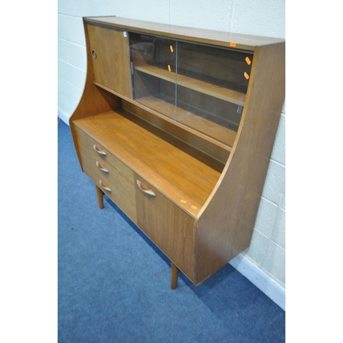 1208 - A MID CENTURY AVALON TEAK HIGHBOARD, with glazed sliding door display section and single teak slidin... 