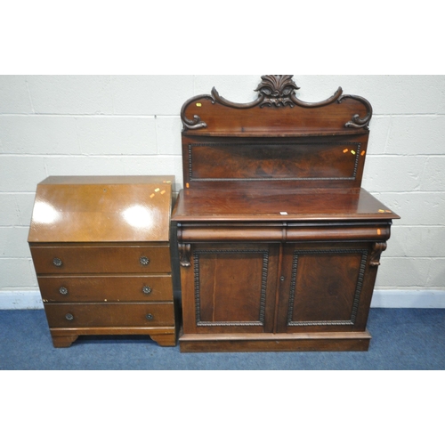 1210 - A VICTORIAN MAHOGANY CHIFFONIER, the raised back with scrolled foliate details and a single shelf, t... 