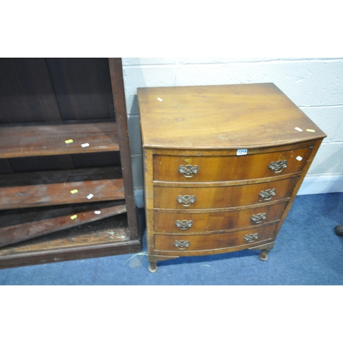 1214 - A WALNUT BOWFRONT CHEST OF FOUR DRAWERS, width 61cm x depth 47cm x height 76cm, a mahogany open book... 