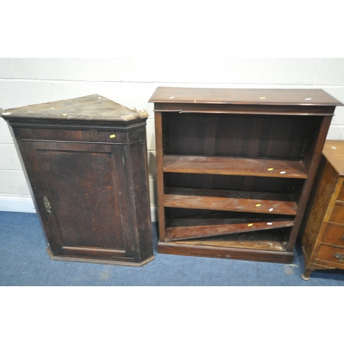 1214 - A WALNUT BOWFRONT CHEST OF FOUR DRAWERS, width 61cm x depth 47cm x height 76cm, a mahogany open book... 