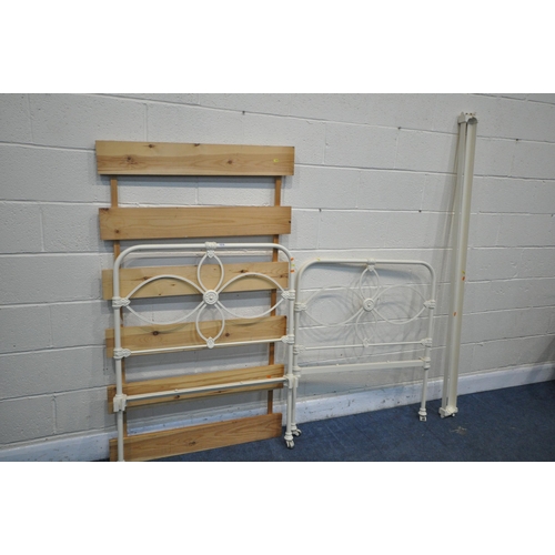 1215 - A WHITE PAINTED VICTORIAN CAST IRON SINGLE BEDSTEAD, with side rails, and bespoke slats (condition -... 