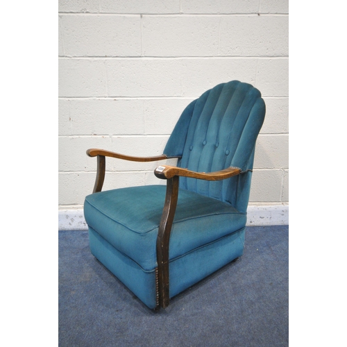 1220 - AN ART DECO BLUE/GREEN UPHOLSTERED ARMCHAIR, with studded decoration, width 67cm x depth 82cm x heig... 