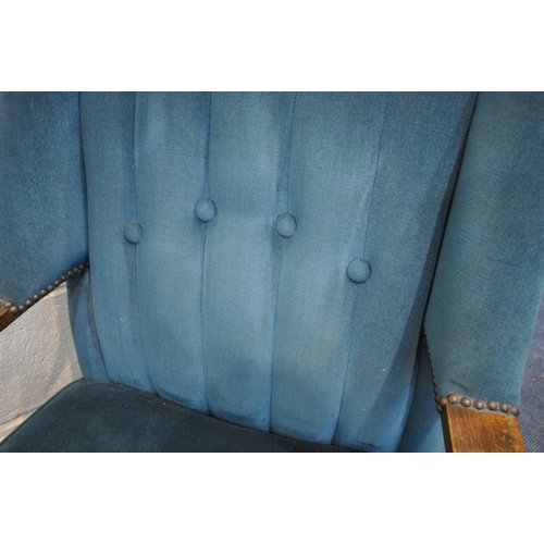 1220 - AN ART DECO BLUE/GREEN UPHOLSTERED ARMCHAIR, with studded decoration, width 67cm x depth 82cm x heig... 