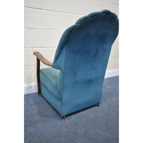 1220 - AN ART DECO BLUE/GREEN UPHOLSTERED ARMCHAIR, with studded decoration, width 67cm x depth 82cm x heig... 