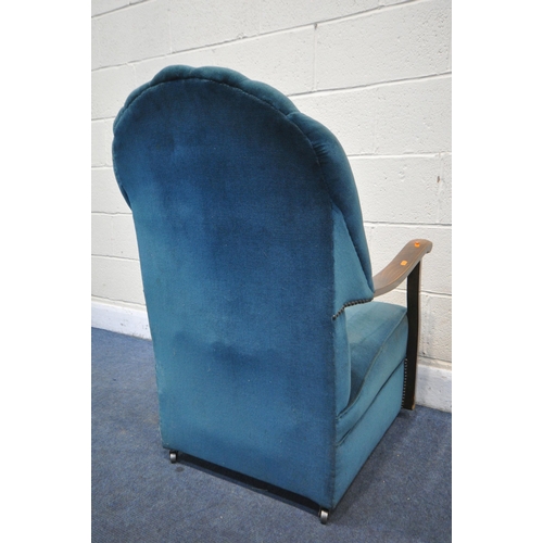 1220 - AN ART DECO BLUE/GREEN UPHOLSTERED ARMCHAIR, with studded decoration, width 67cm x depth 82cm x heig... 