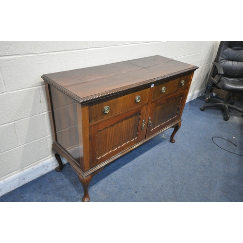 1221 - A VICTORIAN MAHOGANY SIDEBOARD, with two drawers, above two cupboard doors, on cabriole legs, width ... 