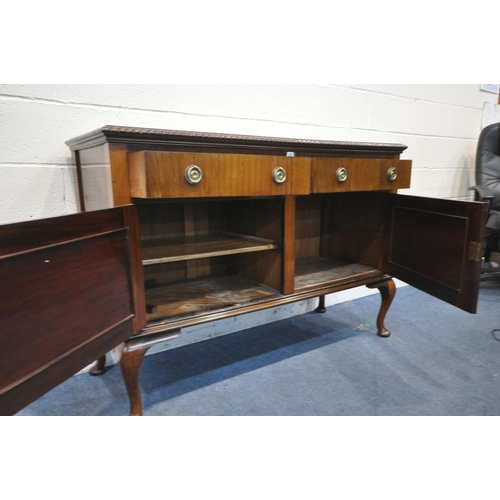 1221 - A VICTORIAN MAHOGANY SIDEBOARD, with two drawers, above two cupboard doors, on cabriole legs, width ... 