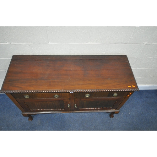 1221 - A VICTORIAN MAHOGANY SIDEBOARD, with two drawers, above two cupboard doors, on cabriole legs, width ... 