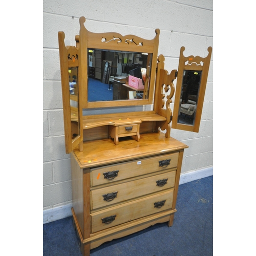 1222 - AN ART NOUVEAU STYLE SATINWOOD DRESSING CHEST, with triple mirror and single small drawer, above thr... 