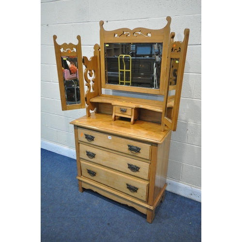 1222 - AN ART NOUVEAU STYLE SATINWOOD DRESSING CHEST, with triple mirror and single small drawer, above thr... 