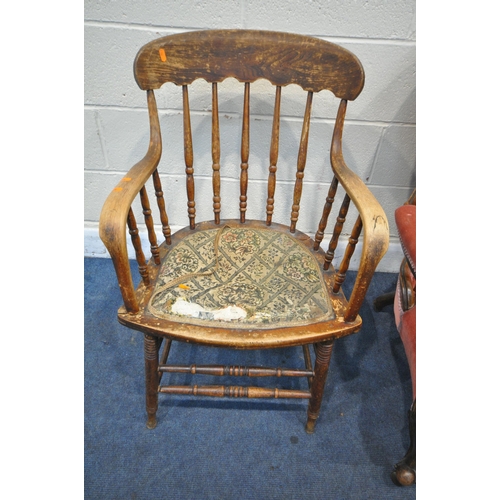 1229 - A VICTORIAN WALNUT SPOON BACK OPEN ARMCHAIR, with foliate carved cresting, pink upholstered back, se... 