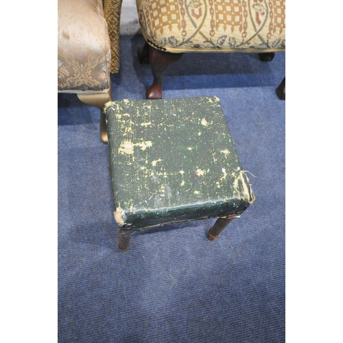 1231 - A GOLD PAINTED WICKER ARMCHAIR, a footstool, on cabriole legs with ball and claw feet, a white paint... 