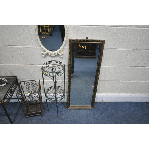 1233 - A SELECTION OF OCCASIONAL FURNITURE, to include four various steel items, a gilt framed oval wall mi... 