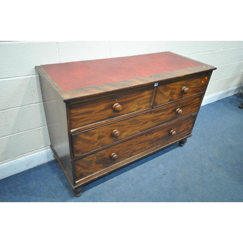 1243 - A VICTORIAN FLAME MAHOGANY CHEST OF TWO SHORT OVER TWO LONG DRAWERS, with later leatherette alterati... 