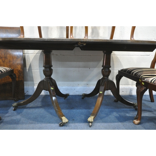 1255 - A 20TH CENTURY YEWWOOD TWIN PEDESTAL DINING TABLE, with a single additional leaf, open length 212cm ... 