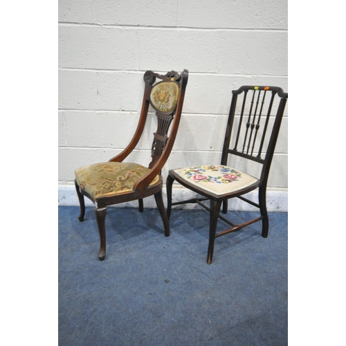 1256 - A VICTORIAN MAHOGANY SALON CHAIR, with scrolled crest, shaped back rest, with green floral upholster... 