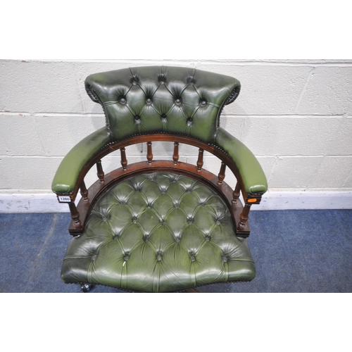 1260 - A REPRODUCTION MAHOGANY FRAMED CAPTAINS CHAIR, with buttoned green leather upholstery, width 64cm x ... 