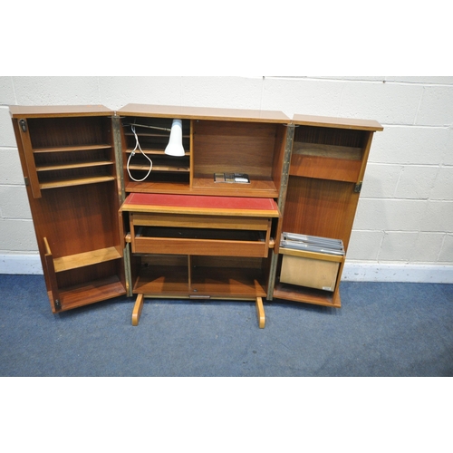 1261 - A MAHOGANY NEWCRAFT LTD HOME OFFICE CABINET, two doors enclosing a slide with red leatherette writin... 