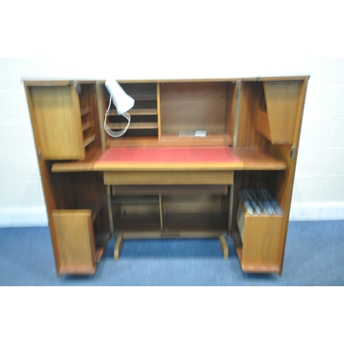 1261 - A MAHOGANY NEWCRAFT LTD HOME OFFICE CABINET, two doors enclosing a slide with red leatherette writin... 