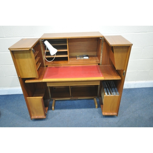 1261 - A MAHOGANY NEWCRAFT LTD HOME OFFICE CABINET, two doors enclosing a slide with red leatherette writin... 