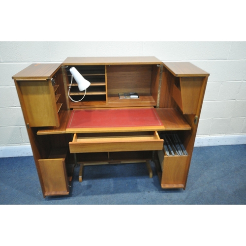 1261 - A MAHOGANY NEWCRAFT LTD HOME OFFICE CABINET, two doors enclosing a slide with red leatherette writin... 