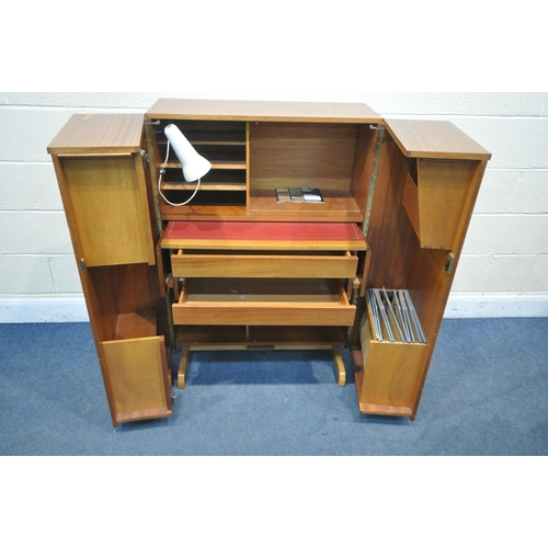 1261 - A MAHOGANY NEWCRAFT LTD HOME OFFICE CABINET, two doors enclosing a slide with red leatherette writin... 