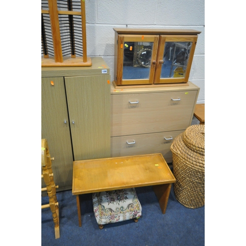 1266 - A SELECTION OF OCCASIONAL FURNITURE, to include a two door cabinet, a shoe rack, a pine cd rack, two... 