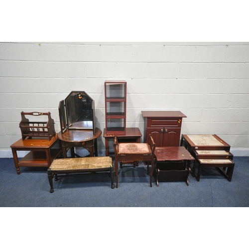 1267 - A SELECTION OF OCCASIONAL FURNITURE, to include a mahogany circular occasional table, a triple dress... 