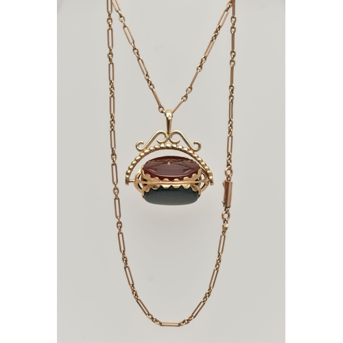 1 - A 9CT GOLD SWIVEL FOB AND CHAIN, the fob designed as three oval panels, onyx, bloodstone and carneli... 