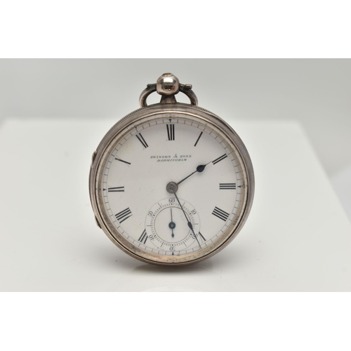 14 - A LATE VICTORIAN SILVER OPEN FACE POCKET WATCH, the Swinden & Sons pocket watch with a white face, b... 
