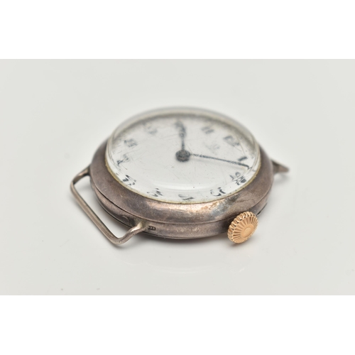 16 - AN EARLY 20TH CENTURY SILVER 'OMEGA' WATCH HEAD, manual wind requires some attention, round white di... 