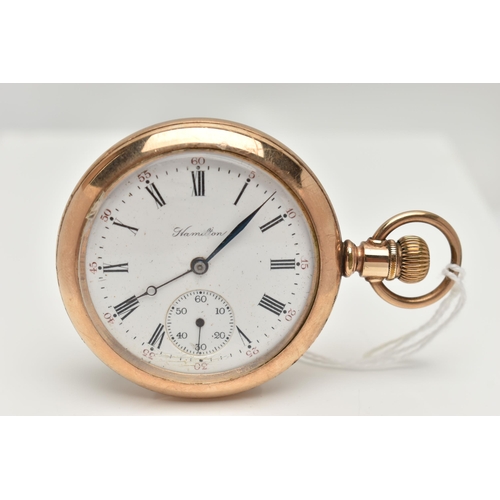 23 - A GOLD PLATED 'HAMILTON' POCKET WATCH, manual wind open face watch, white dial signed 'Hamilton', Ro... 