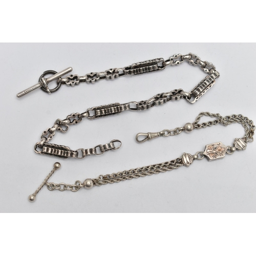 25 - A WHITE METAL ALBERT CHAIN AND AN ALBERTINA, fancy link Albert chain fitted with a T-bar stamped 'St... 