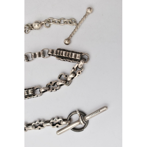 25 - A WHITE METAL ALBERT CHAIN AND AN ALBERTINA, fancy link Albert chain fitted with a T-bar stamped 'St... 