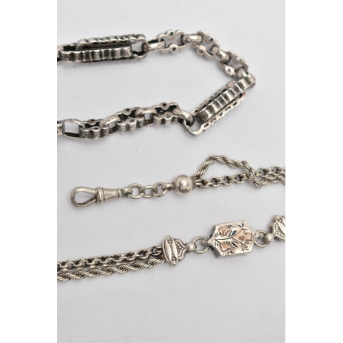 25 - A WHITE METAL ALBERT CHAIN AND AN ALBERTINA, fancy link Albert chain fitted with a T-bar stamped 'St... 