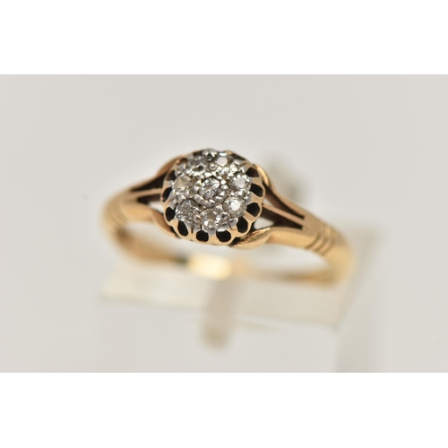 26 - A YELLOW METAL DIAMOND CLUSTER RING, small circular cluster of single cut diamonds, within an openwo... 